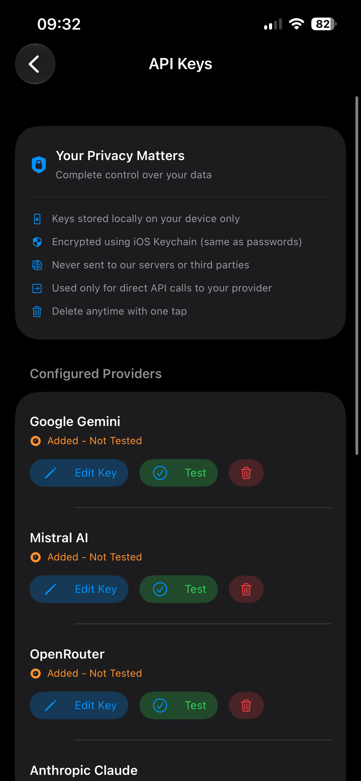 MILO API keys screen explaining keys are stored locally and encrypted in the iOS Keychain