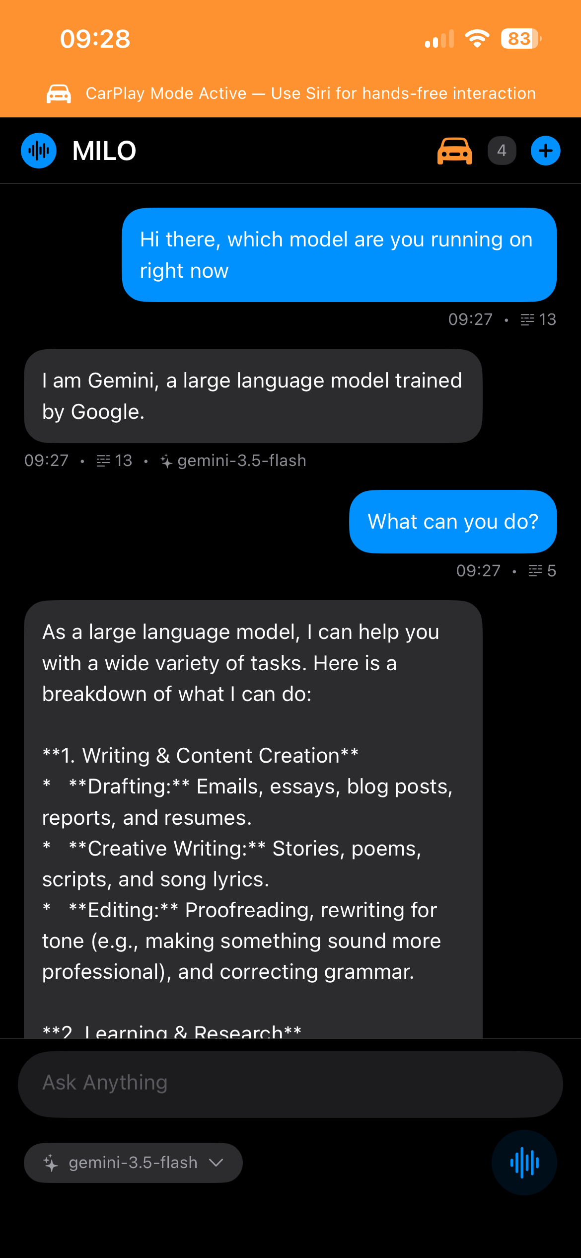 MILO in CarPlay mode showing a hands-free chat answered by Gemini