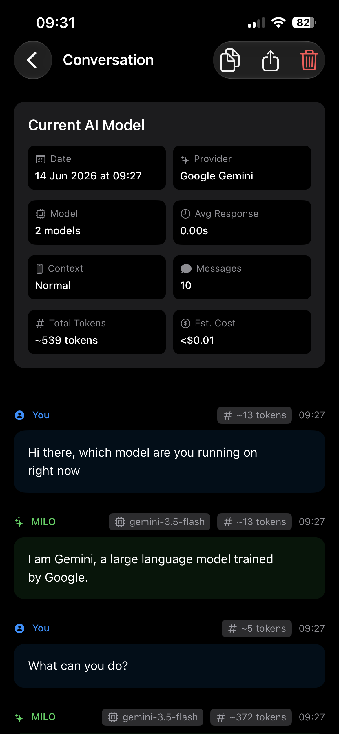 MILO conversation detail showing provider, model, token usage, and estimated cost