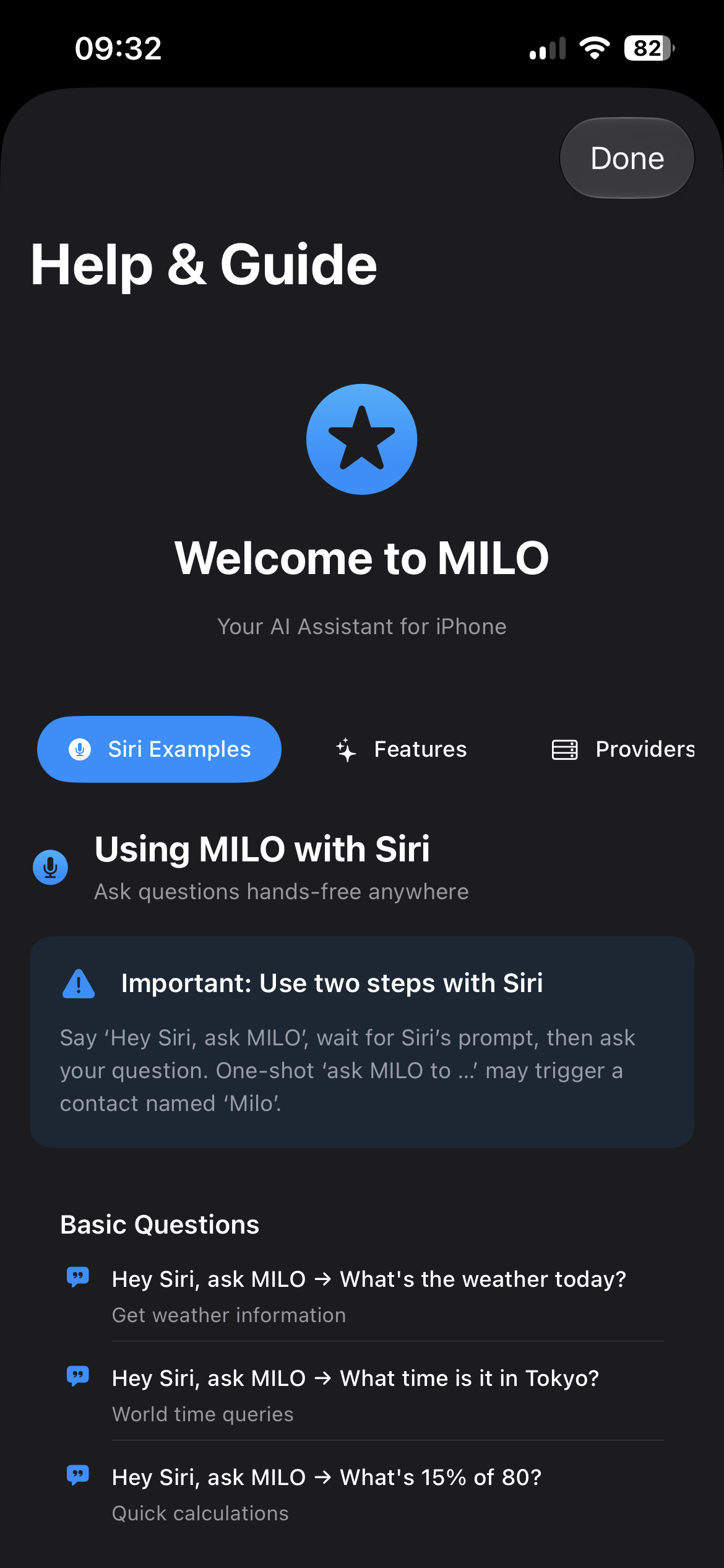 MILO Help & Guide screen with example "Hey Siri, ask MILO" prompts