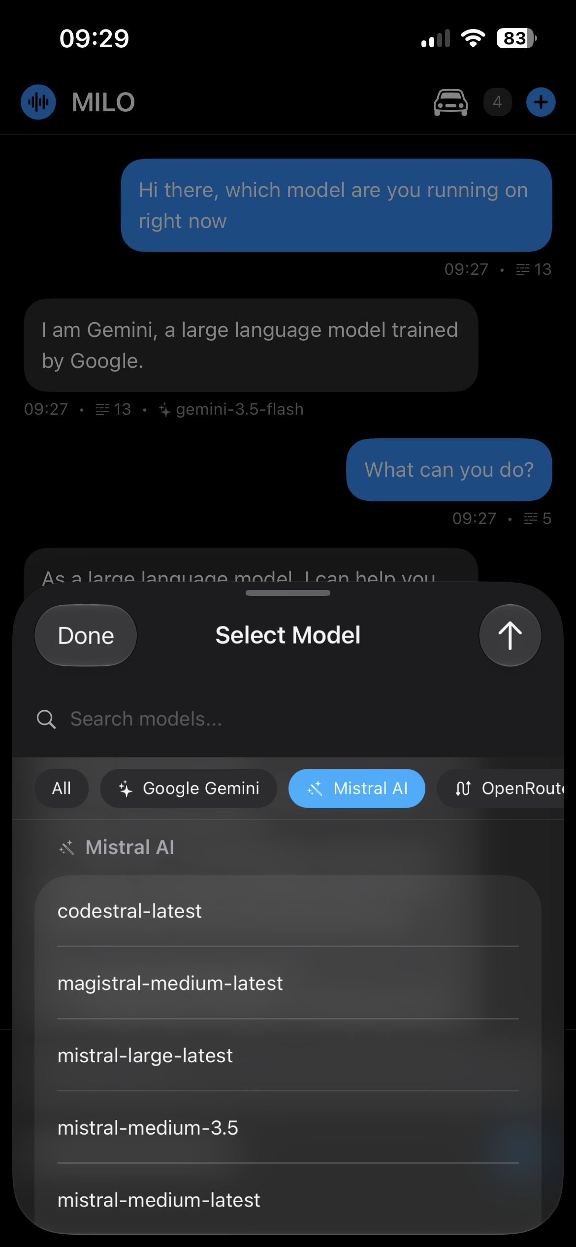MILO model picker letting you choose between Google Gemini, Mistral AI, and OpenRouter models