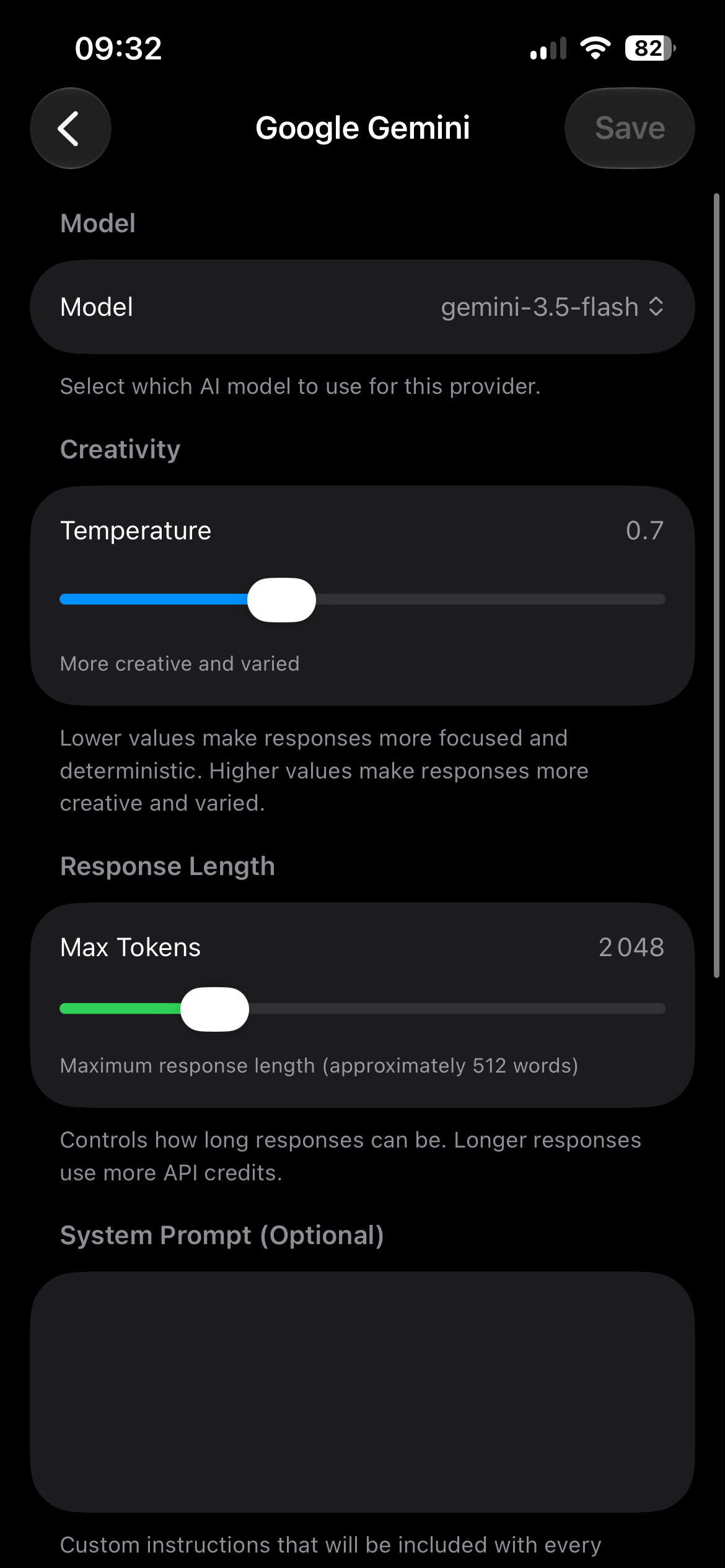 MILO per-provider settings with model, temperature, max tokens, and system prompt controls