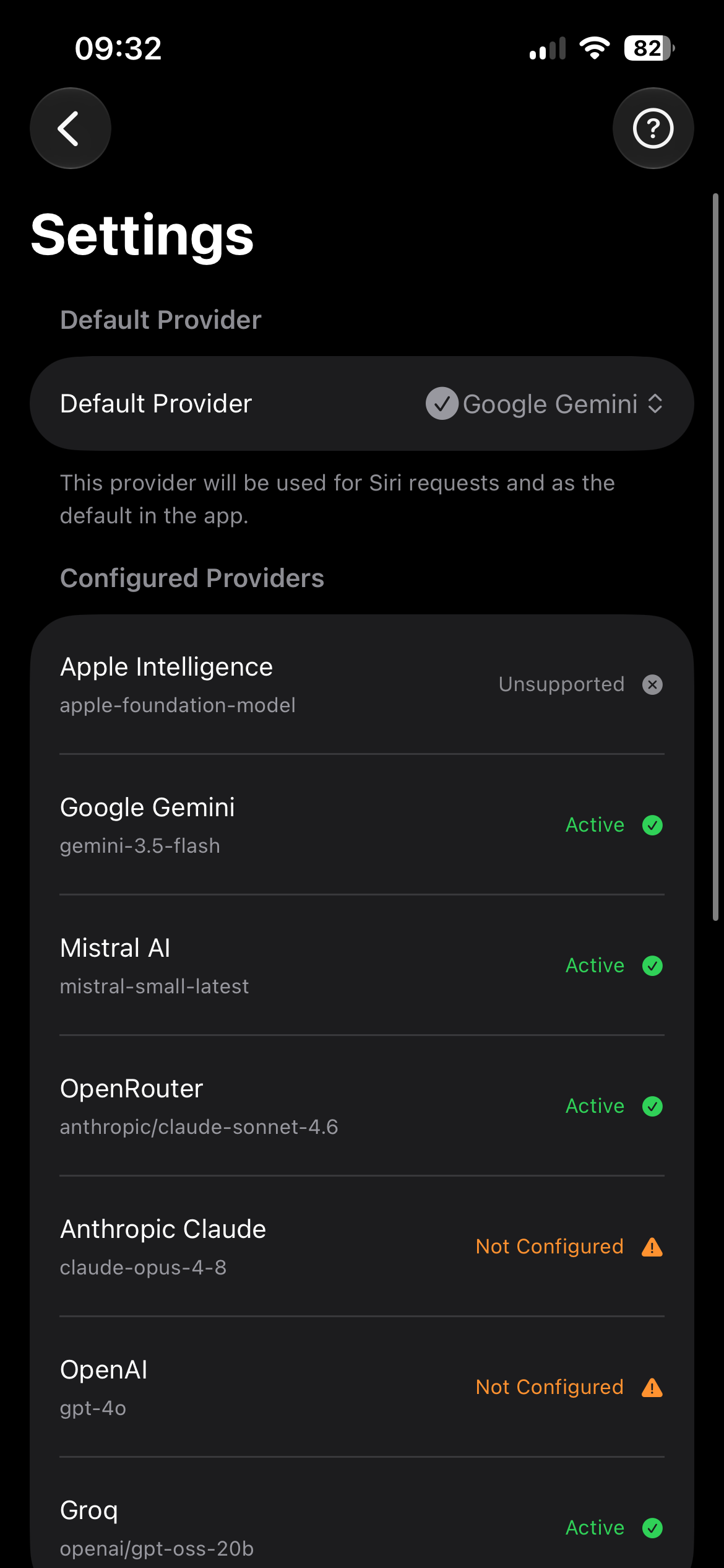 MILO settings showing configured providers like Gemini, Mistral, and OpenRouter marked active