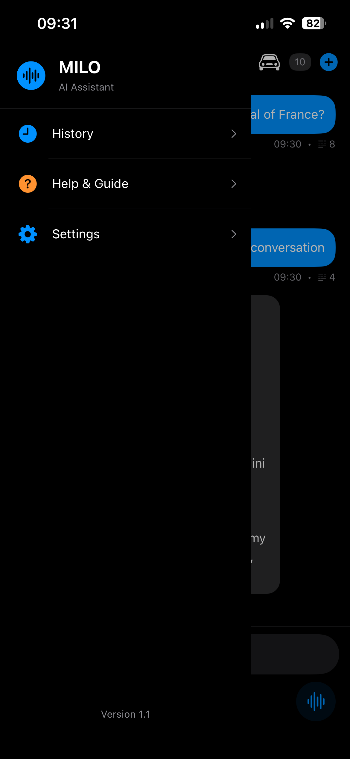 MILO sidebar menu with History, Help & Guide, and Settings entries